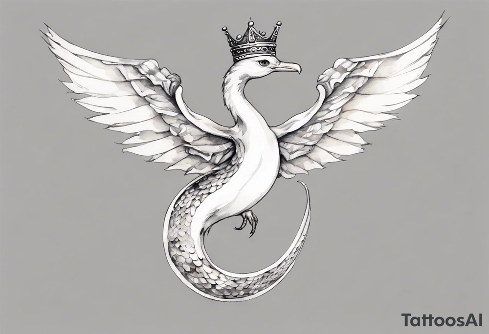 a white bird-serpent hybrid, wearing a small crown, flying in the air tattoo idea