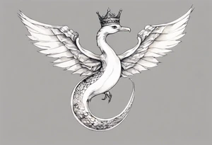 a white bird-serpent hybrid, wearing a small crown, flying in the air tattoo idea