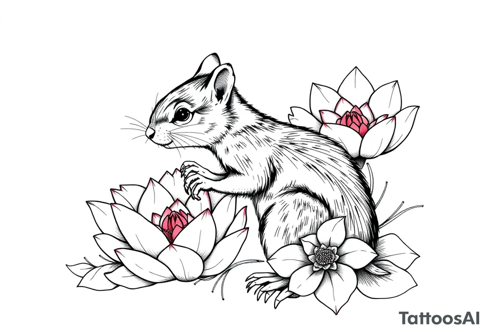 Fierce rabbid squirrel blooming lotus flowers tattoo idea