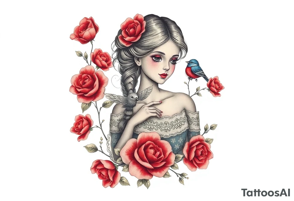 Vintage dollies, red roses, lace, red bird, no people, vintage, wrap around tattoo idea