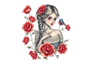 Vintage dollies, red roses, lace, red bird, no people, vintage, wrap around tattoo idea
