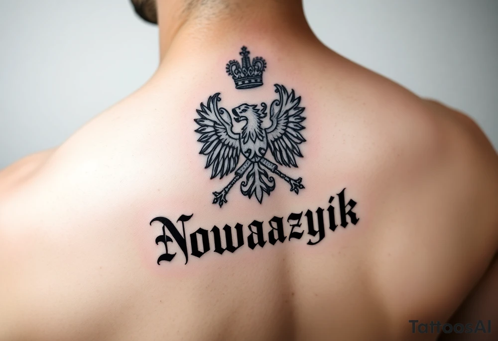 The Polish coat of arms surrounded by the word Nowaczyk in a medieval font tattoo idea