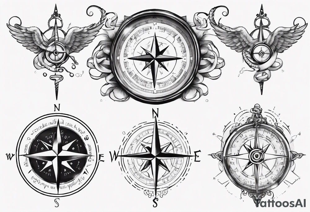 Compass tatoo with Gemini angels and snake tattoo idea