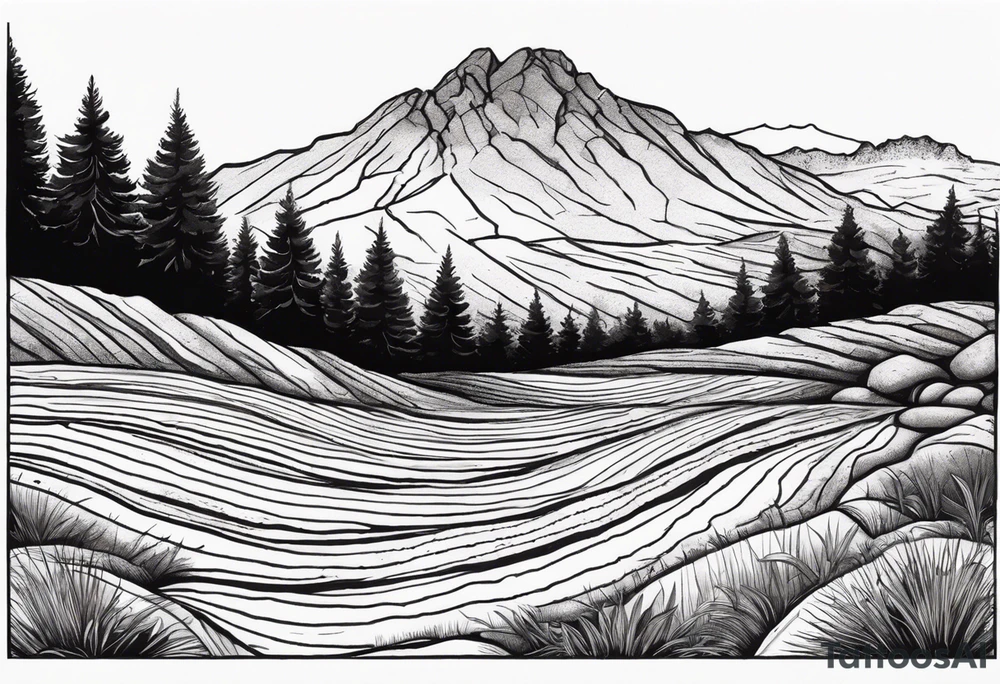 Create a tattoo of a flat topped granite rock with a base under the ground line that is pointed and deep, surrounded by freshly tilled and raked soil ready to be planted and under ground in front of the rock, a seed planted and pushing through the soil tattoo idea