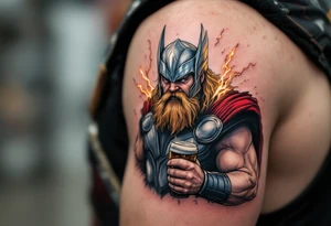 Fat Thor from Endgame holding a beer and Stormbreaker, with sparks of lightning around him in a humorous yet detailed tattoo design. tattoo idea