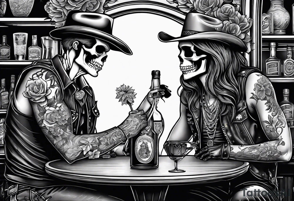 a bar scene with a skeleton couple with bibiscus flowers. western style tattoo idea