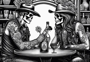 a bar scene with a skeleton couple with bibiscus flowers. western style tattoo idea
