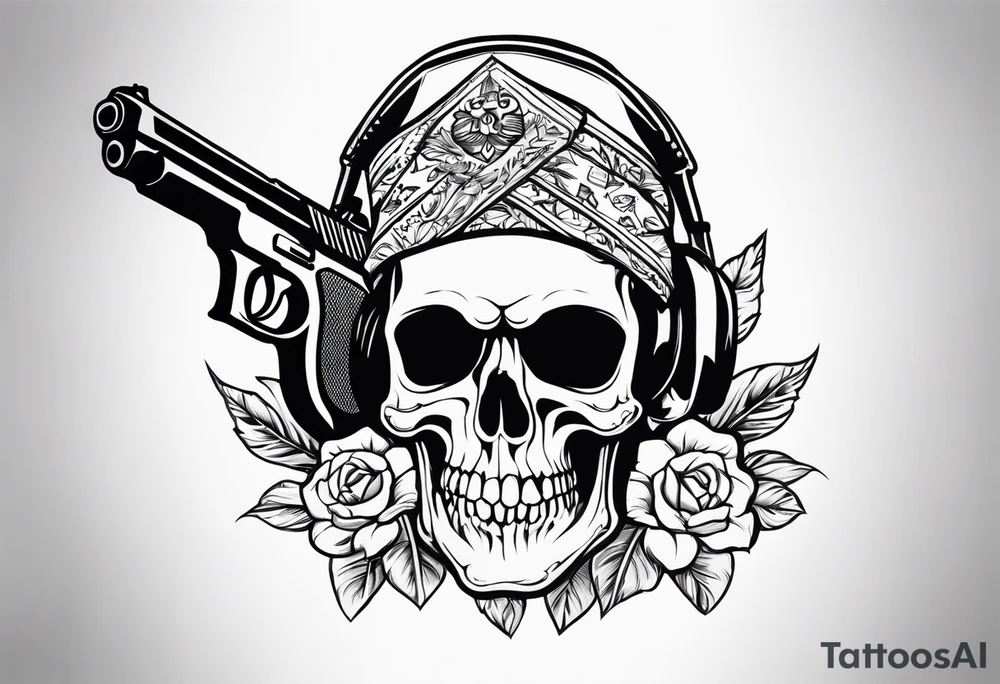 Skull, gun, bandana tattoo idea