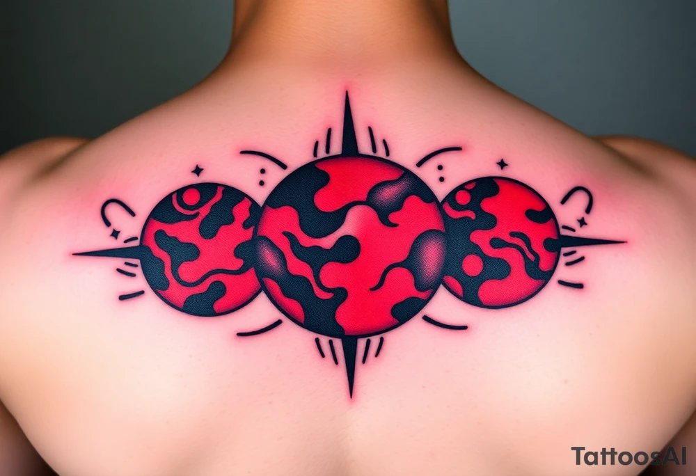 three horizontal planets. Color Black and red with more black tattoo idea