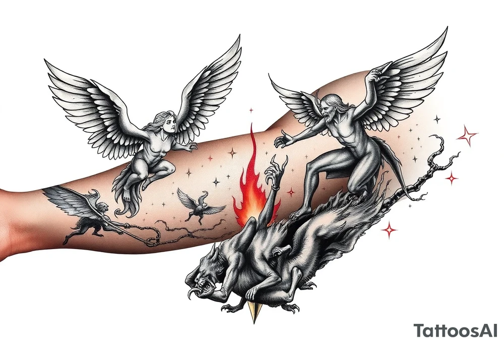 Heaven’s angels fighting hells demons. Angels flying and demons climbing up out of hell tattoo idea