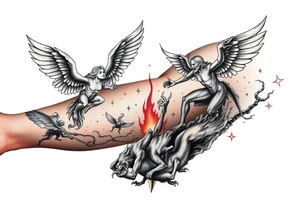 Heaven’s angels fighting hells demons. Angels flying and demons climbing up out of hell tattoo idea