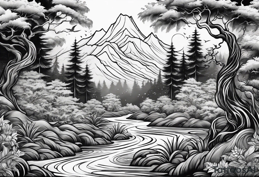 forest with water flowing and phoenix and roots and waves and three birds tattoo idea