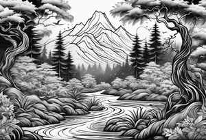 forest with water flowing and phoenix and roots and waves and three birds tattoo idea