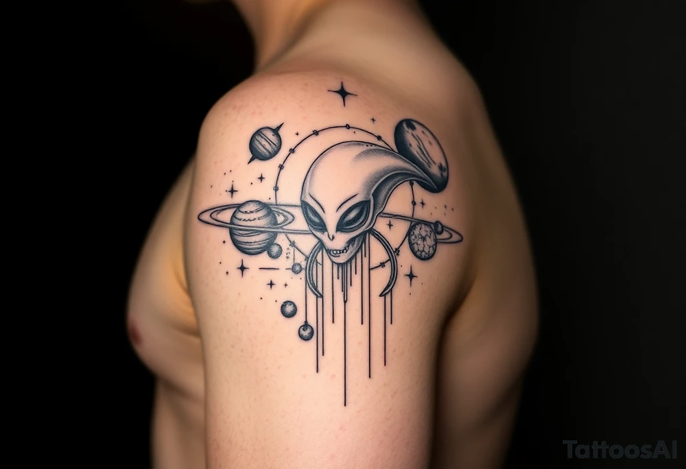 Lower arm sleeve, outer space, planets, geometry, string theory, alien on fore arm tattoo idea