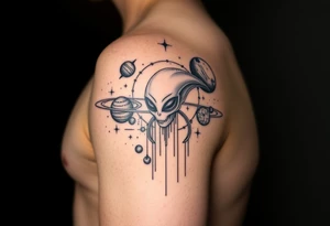 Lower arm sleeve, outer space, planets, geometry, string theory, alien on fore arm tattoo idea