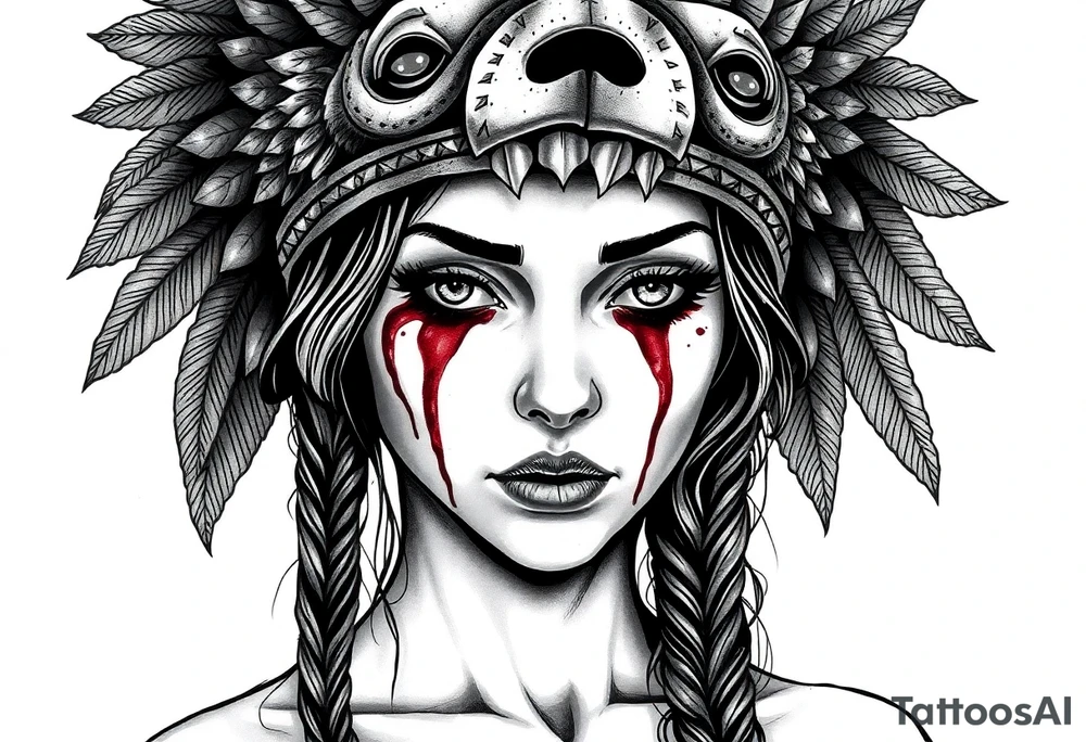 Beautiful Womans shedding a tear, with battle scars and blood on face, wearing a mean looking bear headdress on head tattoo idea