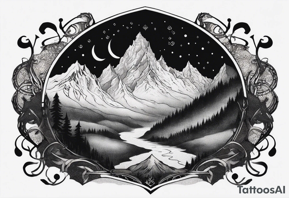 lord of the rings ring lettering with mountains above it and silhouette image of the characters on their travels through the mountains tattoo idea