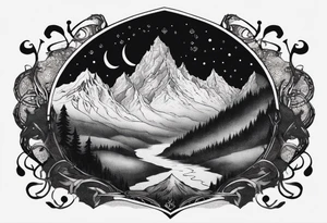 lord of the rings ring lettering with mountains above it and silhouette image of the characters on their travels through the mountains tattoo idea
