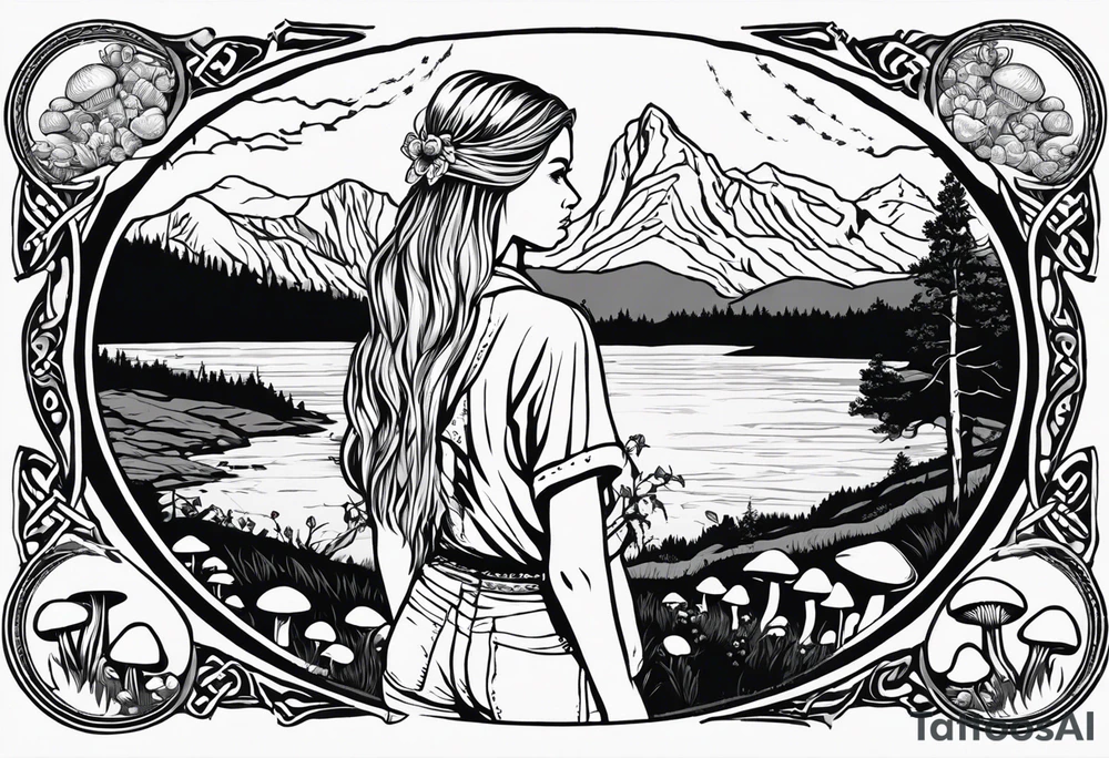 Whole picture encircled fully

Straight long blonde hair hippie girl in distance holding mushrooms in hand facing away toward mountains and creek surrounded by mushrooms long sleeve shirt and hiking pants; whole rendering within a full celtic circle, no cut off circle tattoo idea