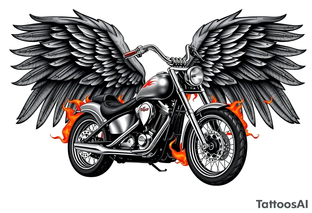 Low rider grey motorcycle, flames, angel wings tattoo idea
