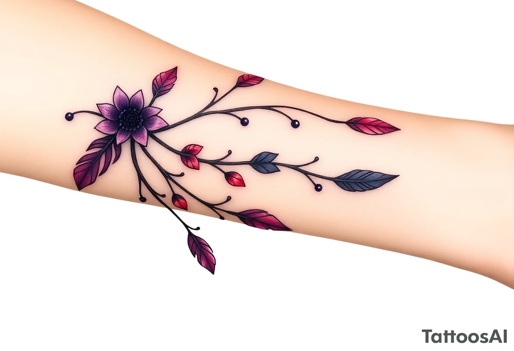 Bracelet with vines and feathers
Purple, red and black with a jewelry like finish tattoo idea