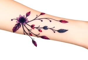 Bracelet with vines and feathers
Purple, red and black with a jewelry like finish tattoo idea