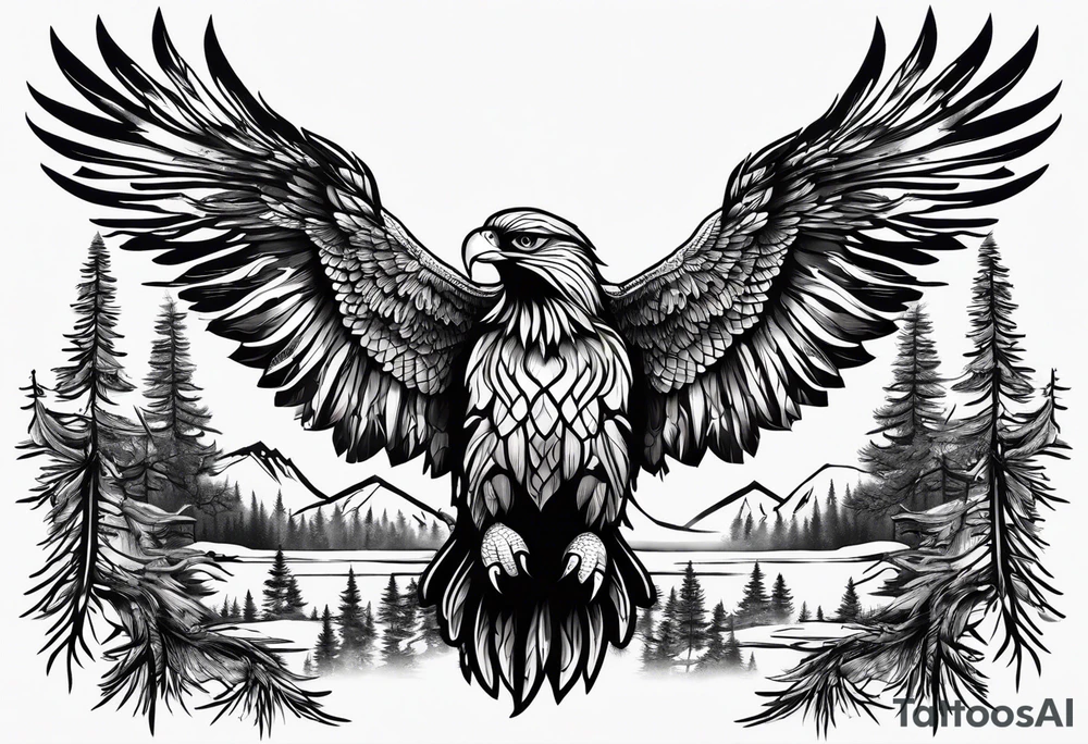 Full back tattoo ancient pine Forrest and giant black eagle tattoo idea