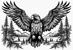 Full back tattoo ancient pine Forrest and giant black eagle tattoo idea
