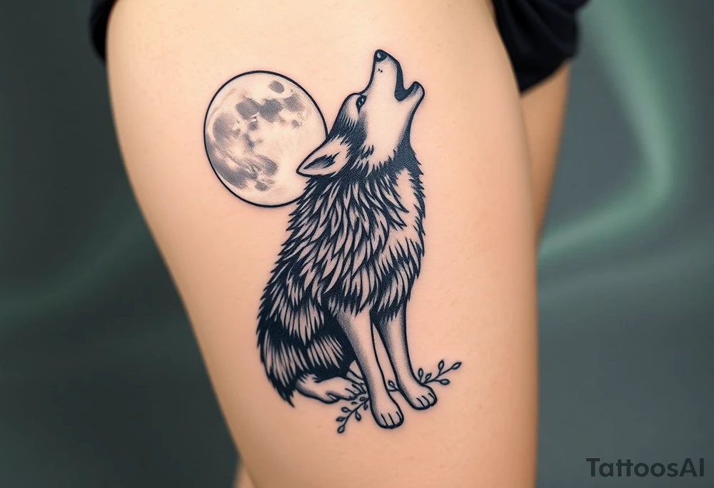 lone wolf howling at full moon with northern lights backdrop tattoo idea