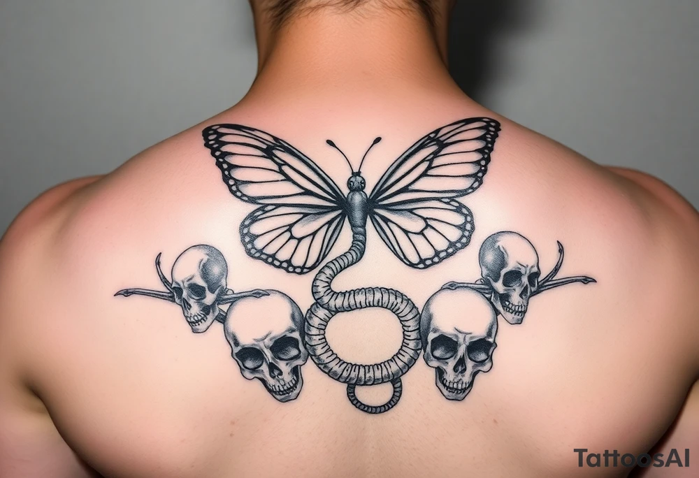 ethereal butterfly flowing around a serpent wrapped round skulls tattoo idea
