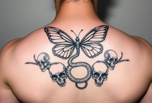 ethereal butterfly flowing around a serpent wrapped round skulls tattoo idea