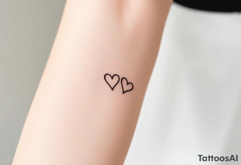 A minimalist infinity symbol with two tiny hearts at the end of each loop, rendered in a thin, black ink for a subtle, timeless look tattoo idea