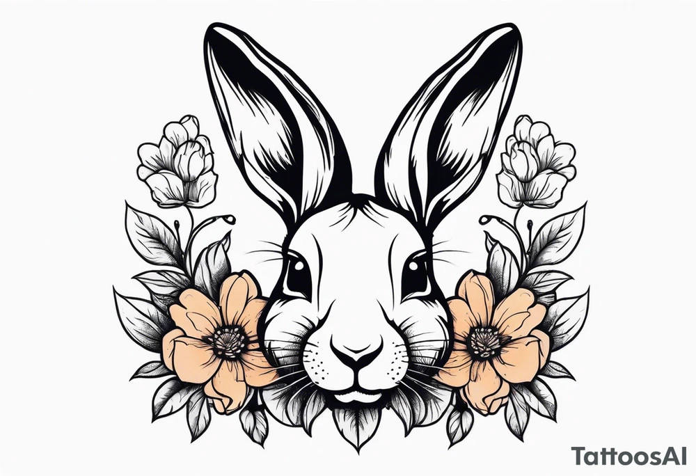 Realistic rabbit head and flowers tattoo idea
