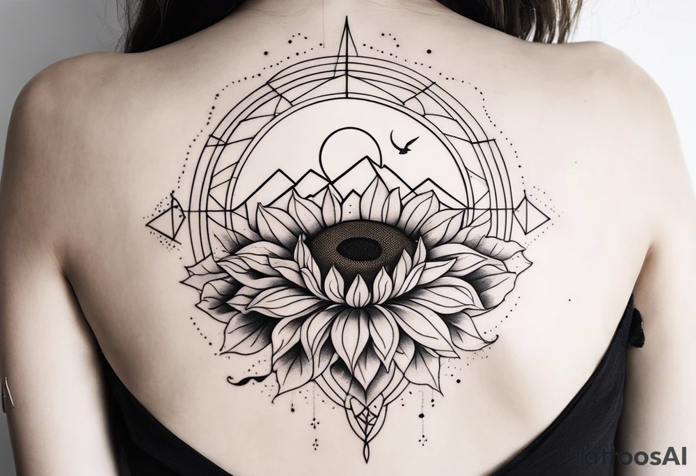 A minimalist tattoo design featuring a vertical composition. At the center is a large, abstract sunflower with intricate dotted shading and clean lines. A delicate tree with bare branches grows from the top of the sunflower, while flowing leaves emerge from the bottom. Surrounding the sunflower are abstract elements like small geometric shapes, mountains in the background, a few birds, and a crescent moon, all positioned in a visually balanced way. There’s a circular solar element near the sunflower, with rays extending outward. The entire design is made up of fine lines, dot work, and subtle shading, creating a harmonious mix of nature and geometric abstraction. It’s a detailed sketch with organic flow, precision, and a blend of cosmic and natural motifs tattoo idea
