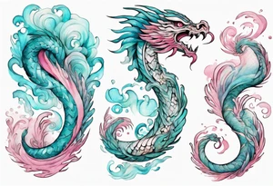 a beautiful turquoise pink and white sea  feathered serpent rising from the waves of the ocean tattoo idea
