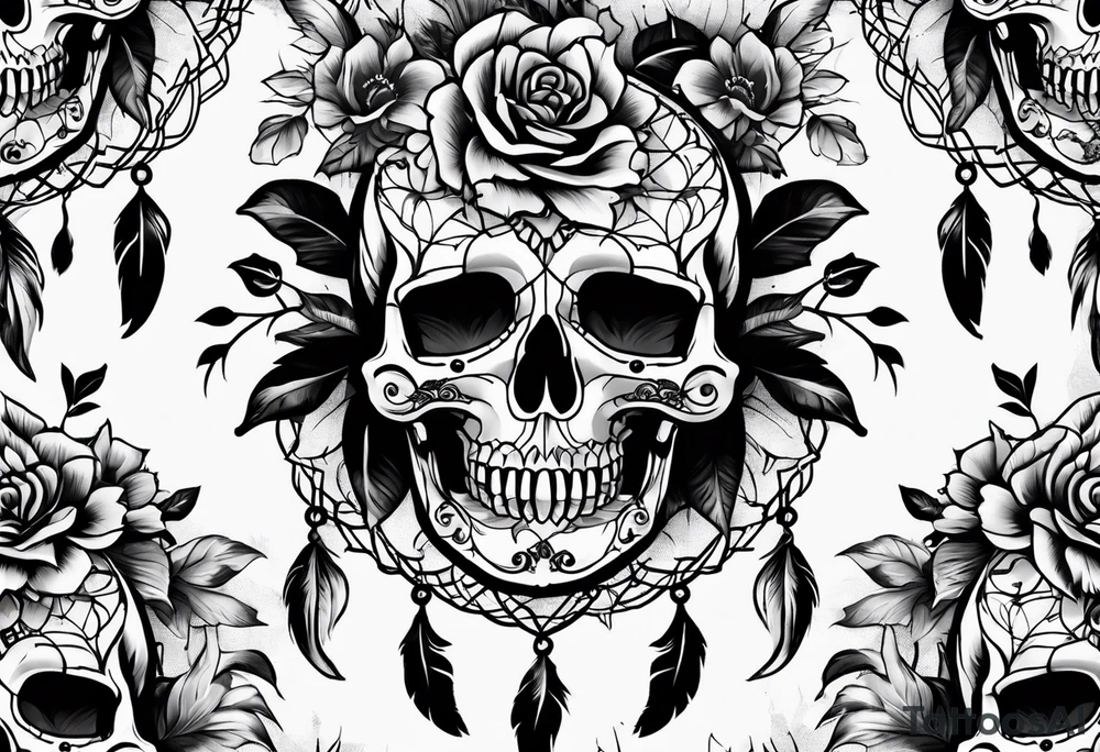 Dream catcher with multiple skulls with black flowers tattoo idea Dream catcher with multiple skulls with black flowers tattoo idea
