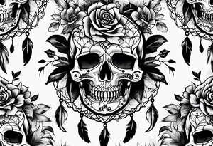 Dream catcher with multiple skulls with black flowers tattoo idea
