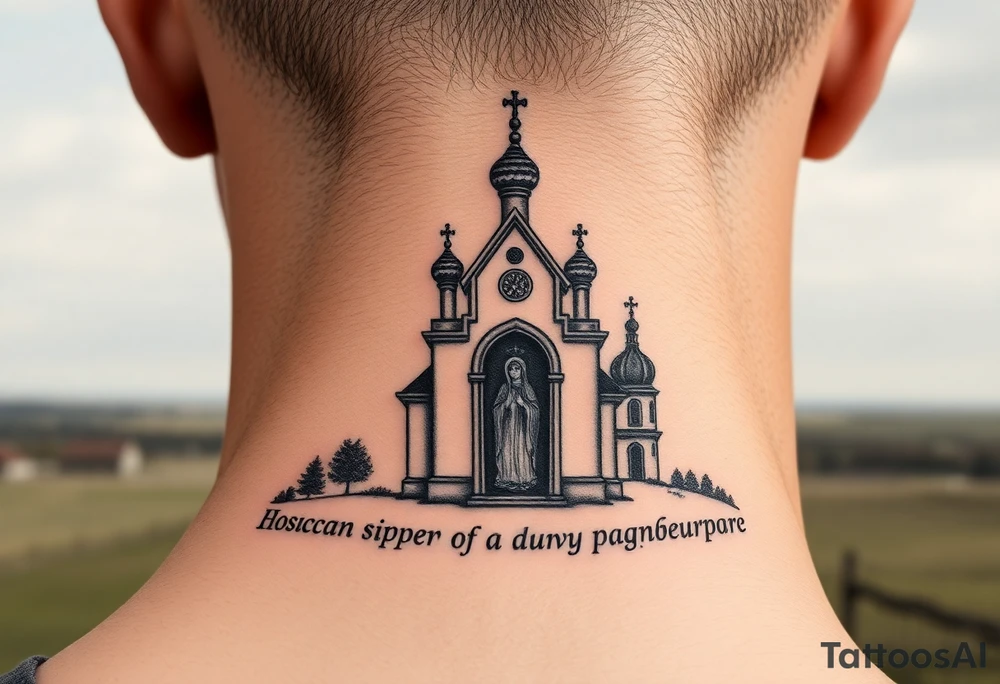 rusian orthodox domes church with a virgin mary in a russian rural village with Church Slavonic script or Cyrillic text — a prayer or meaningful phrase running along the sides tattoo idea