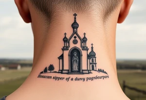 rusian orthodox domes church with a virgin mary in a russian rural village with Church Slavonic script or Cyrillic text — a prayer or meaningful phrase running along the sides tattoo idea