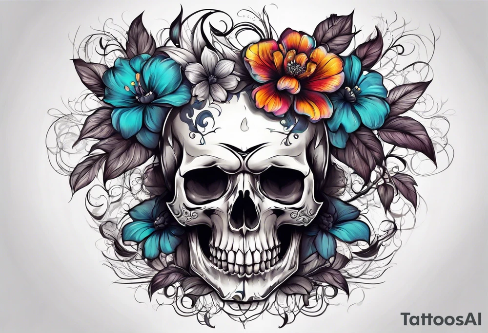 skull with one flower growing out of its head tattoo idea
