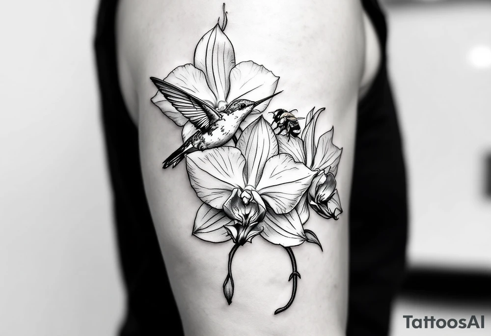 A delicate, black and white fine-line tattoo for male, featuring gracefully detailed 2 orchids in full bloom including their stems, with soft, intricate petals and elegant curves. Beside it, a hummingbird hovers mid-flight, its wings drawn with subtle motion lines, its slender beak reaching toward the orchid’s center to drink its nectar. on the other flower there is a bee that is resting tattoo idea