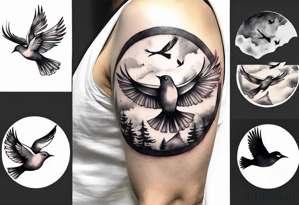 shoulder tattoo with light rays with birds flying free among the clouds, round shape, 3d effect tattoo idea shoulder tattoo with light rays with birds flying free among the clouds, round shape, 3d effect tattoo idea