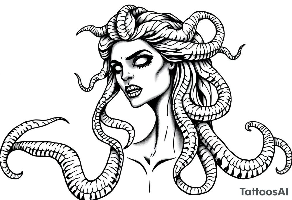 Scary Greek female god medusa with snake hairs tattoo idea