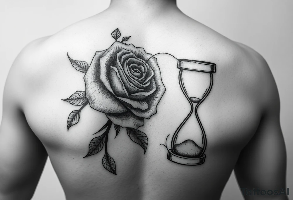 Arose in the shape of a heart with pieces of the Rose blowing away in the wind and the other half an hourglass with the sand out of time black and white feminine realistic for the top of my shoulder 
Shouldernot my back on my shoulder tattoo idea