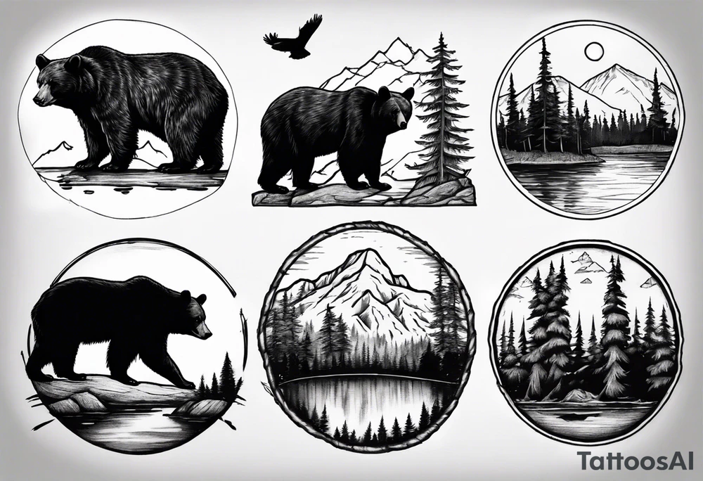 black bear over a forest with a lake below tattoo idea