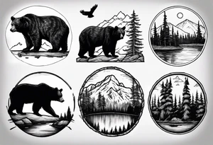 black bear over a forest with a lake below tattoo idea