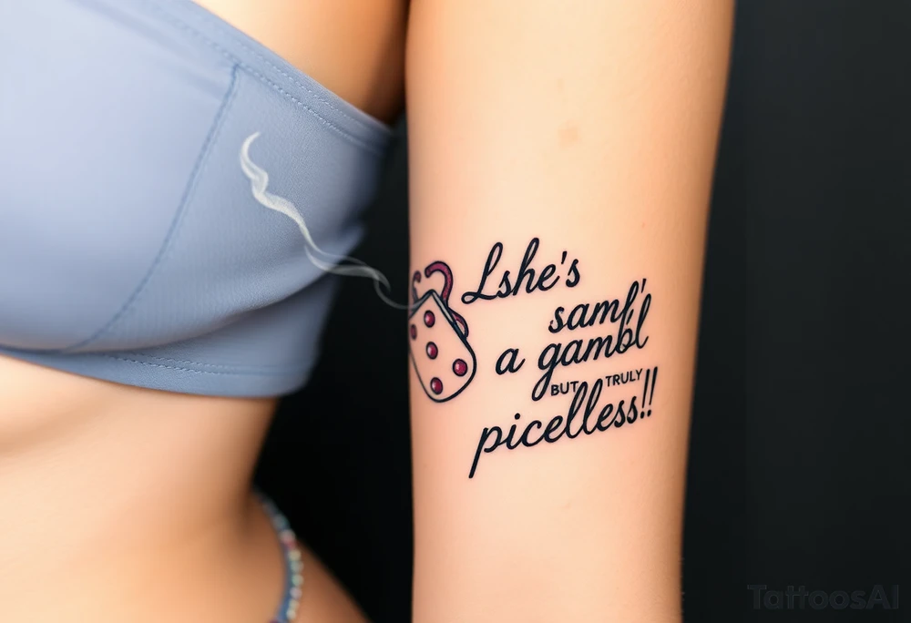 Smoking rolling dice with cursive writing "LALA SHE'S A Gamble BUT TRULY priceless!!! tattoo idea