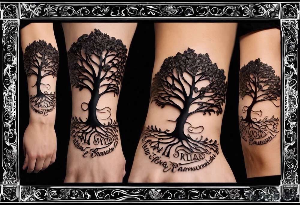 A family tree that wraps around your arm. The base of the tree represents Vince and Christina with a heart intertwined with your wedding date (10 Nov 2000).
The branches split into three main branches, each representing Vinny, Joey and Gianna with a single birth date (5 April 2003).
The phrase "La famiglia è tutto" (Family is everything) incorporated within the branches or roots. Incorporate italian flag colors tattoo idea