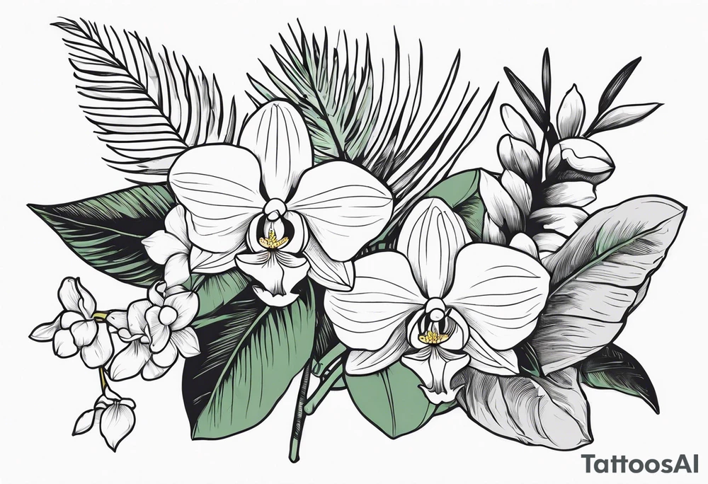 Tropical plants and orchids sleeve tattoo idea