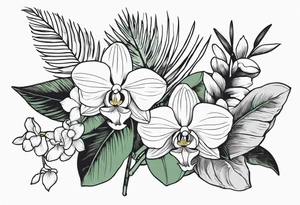 Tropical plants and orchids sleeve tattoo idea